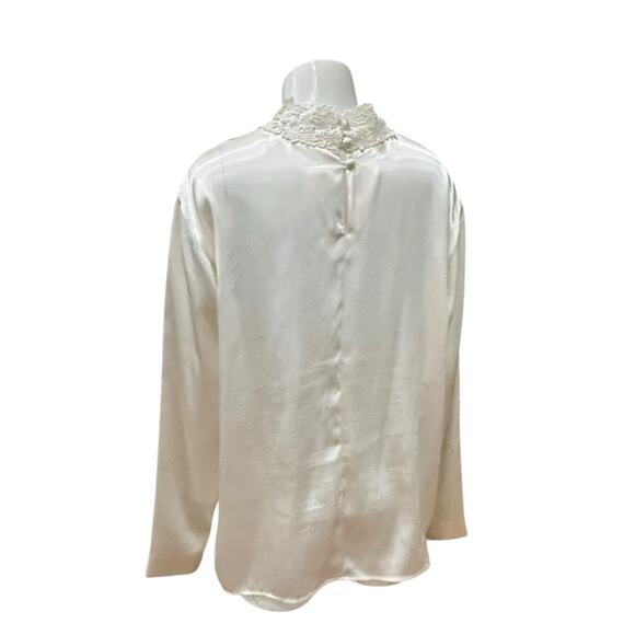 Vintage Pierre Cardin Ivory Satin Blouse Lace High Neck Victorian Romantic XL - - Picture 3 of 5